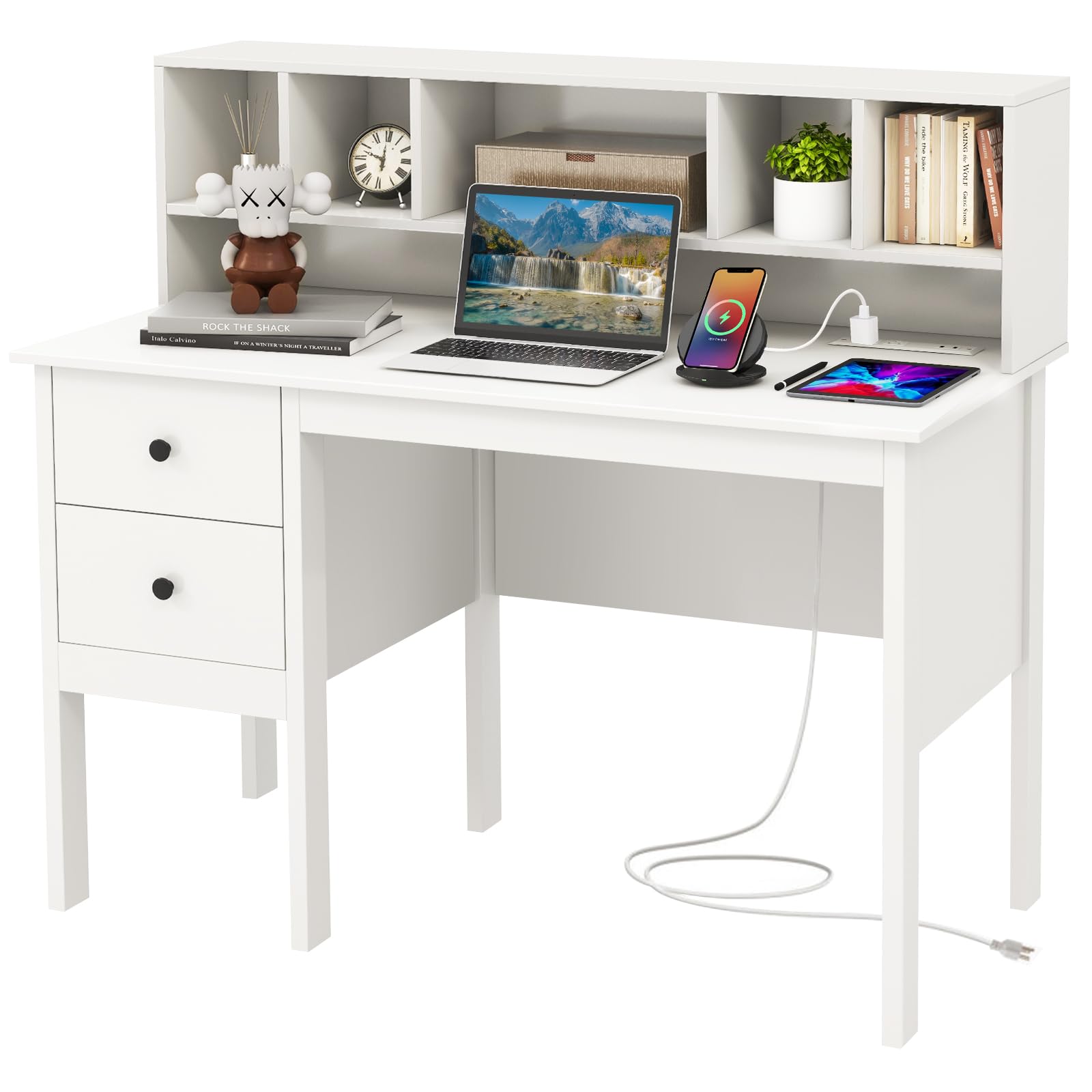 Bureau d'ordinateur Tangkula avec tiroirs et étagère, bureau d'étude et d'écriture moderne pour bureau à domicile avec station de charge